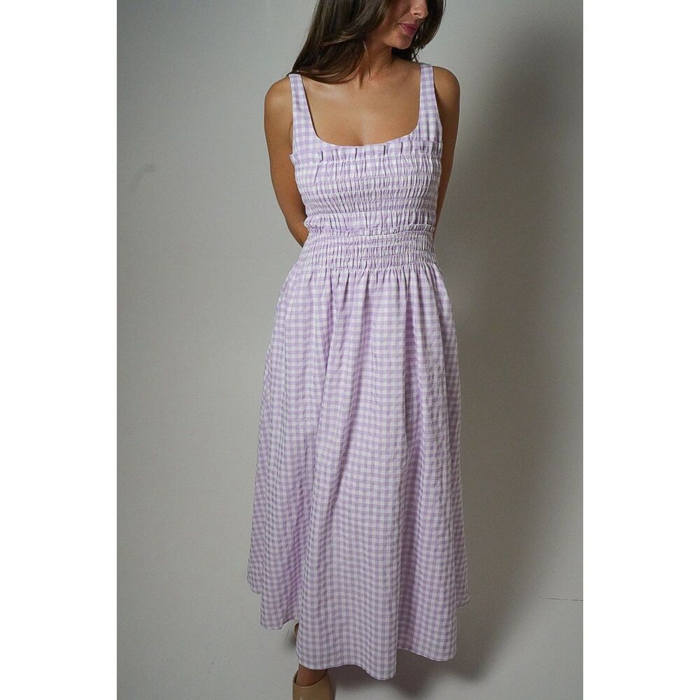TCEC Gingham Square Neck Smocked Bodice Midi Dress Lavender Purple Medium